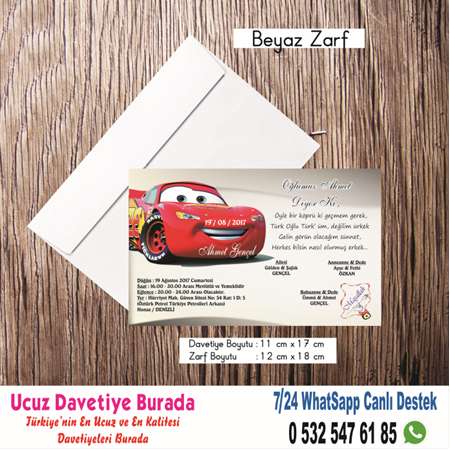 Cars Arabalı Ucuz Sünnet Düğün Davetiyeleri -86- BİLGİ - SİPARİŞ İÇİN WHATSAAP : 0 532 547 61 85